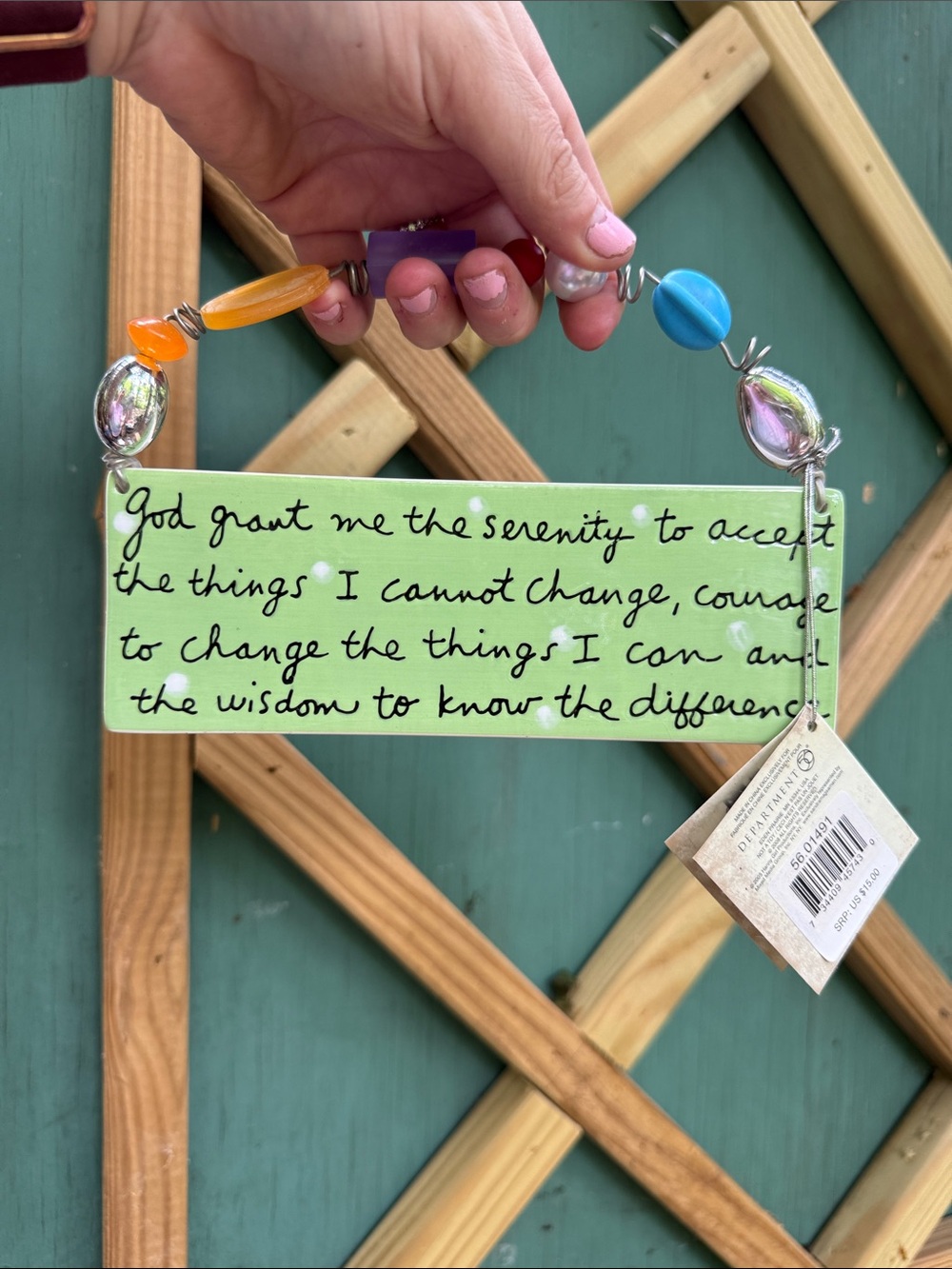 Department 56 Green Serenity Prayer Hanging Sign with Multicolor Beads